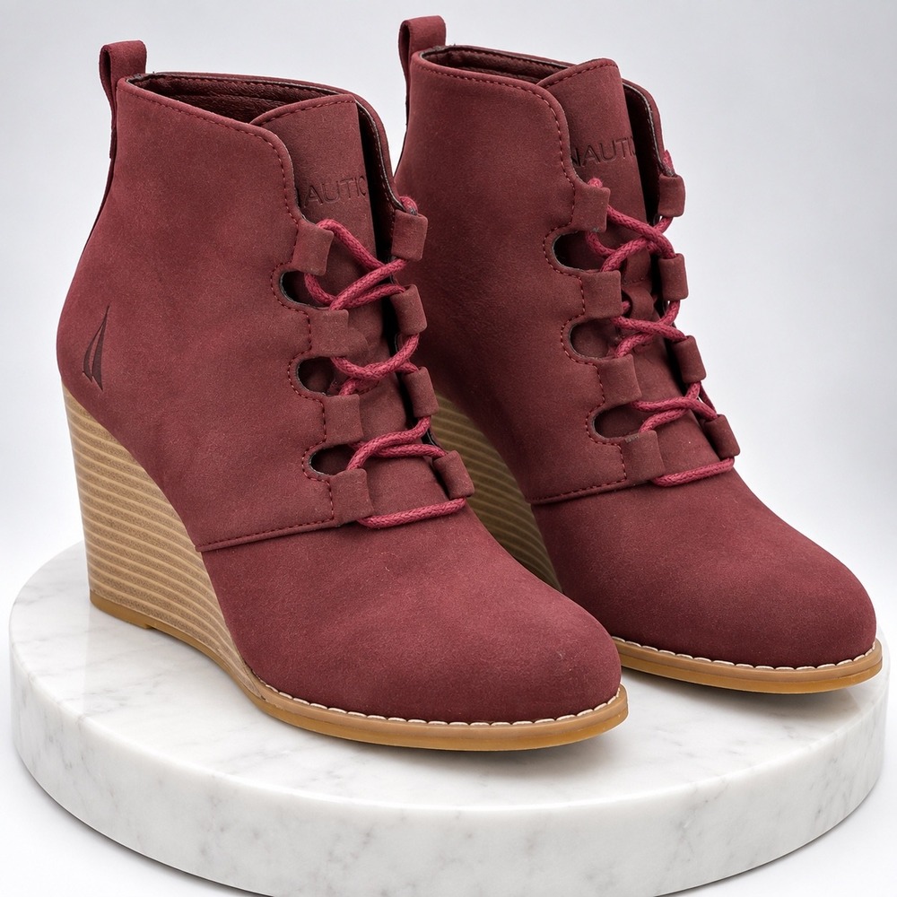 Nautica Rhodes Womens Burgundy Lace Up Wedge Ankle Booties Size 7